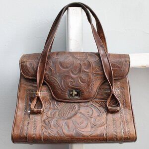 Vintage Brown Mexican Tooled Leather Embossed Floral Pattern Hand Bag Purse